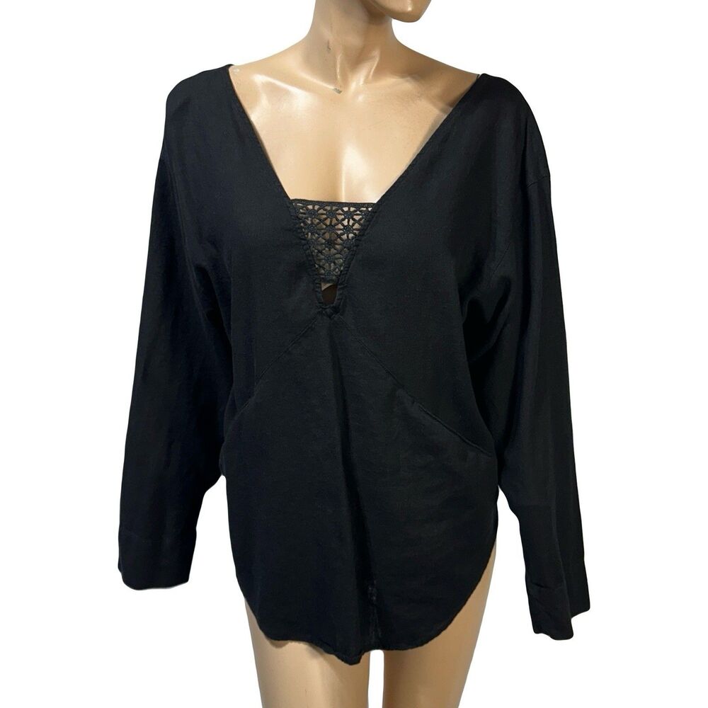 Free People Top Size M Black Deep V Neck Lace Detail Linen Blend Long Sleeve